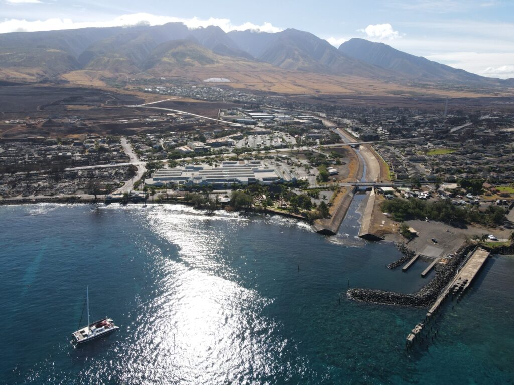 An aerial view of the devastation in Lahaina after the August 8th wildfires