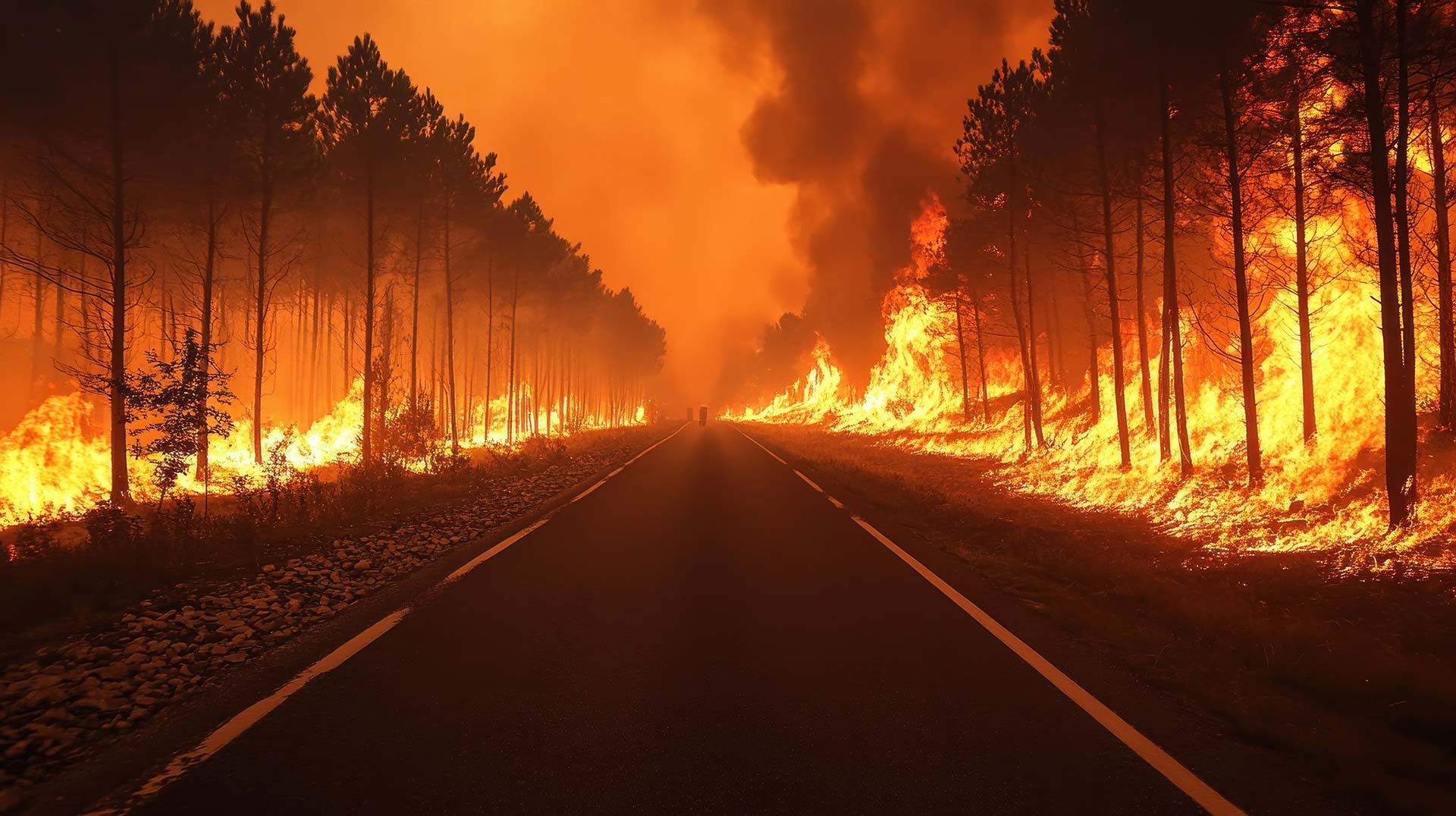 wildfire engulfs trees next to road