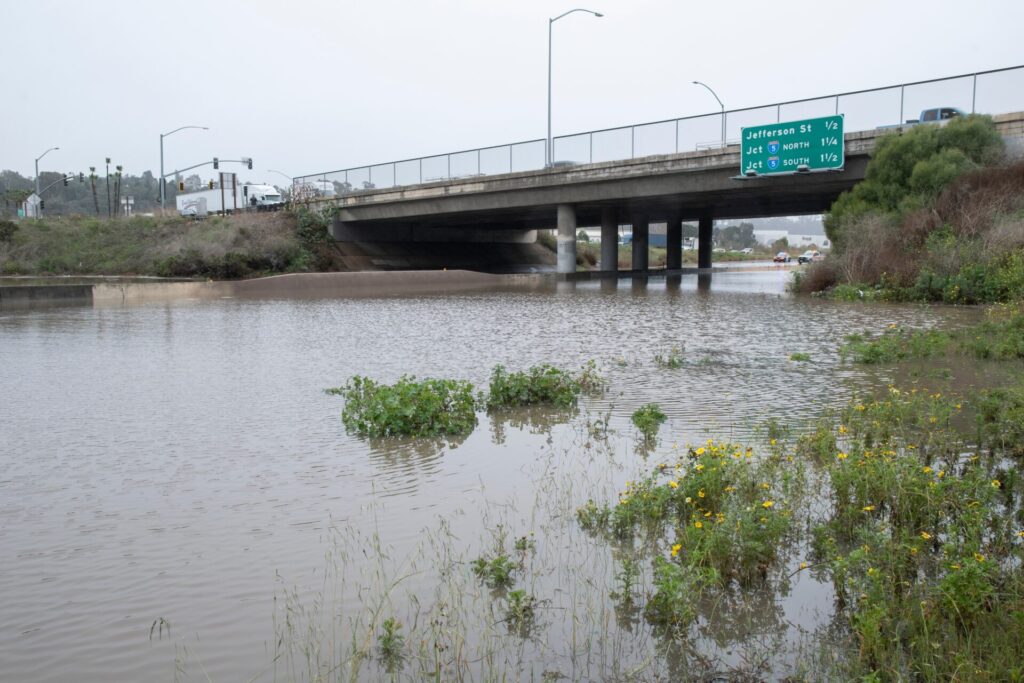 A flooded highway underpass in California 